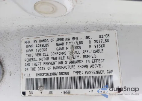 2008 Honda Accord 2.4 Lx z USA, uszkodzony, nr VIN 1HGCP26398A108260